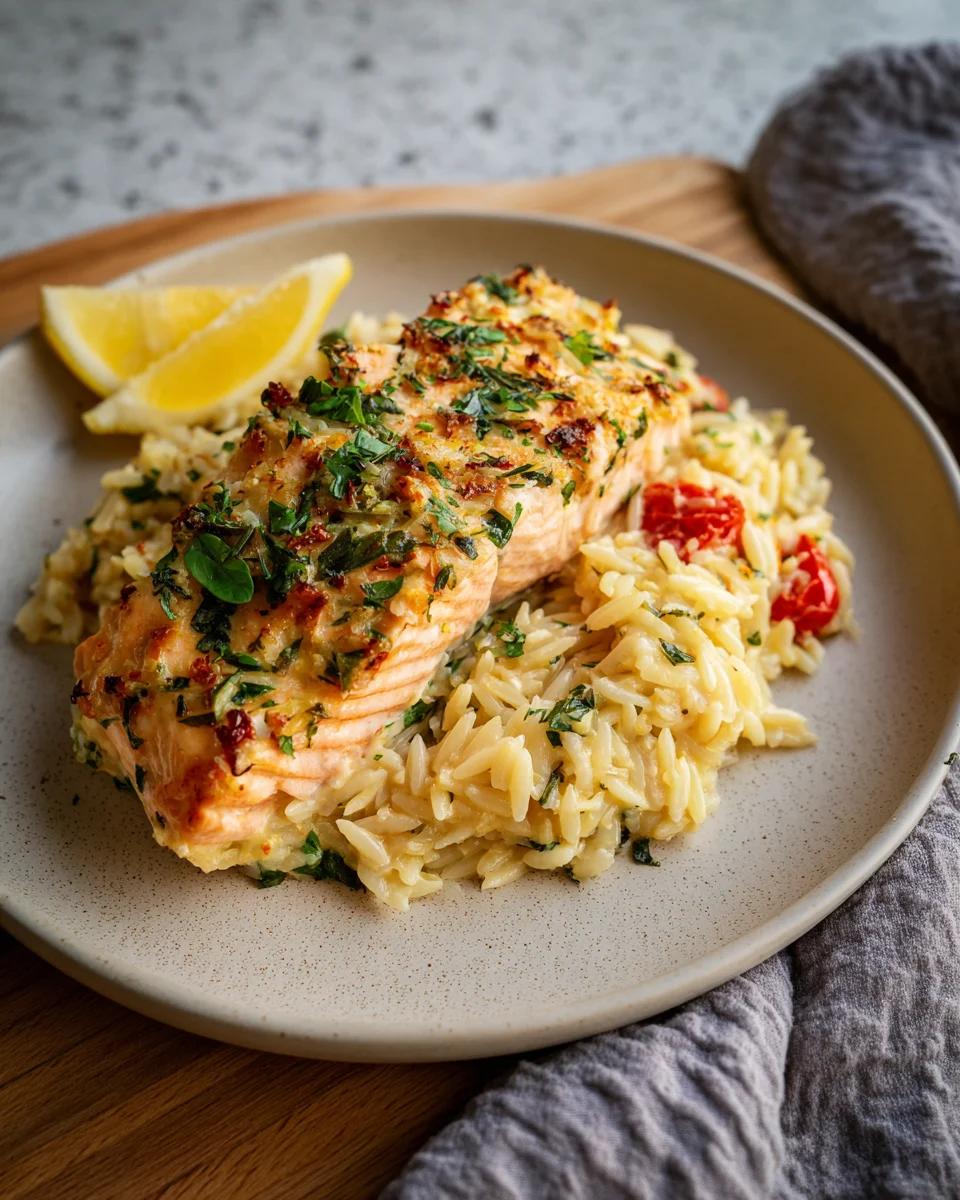 Lemon Herb Salmon Orzo Bake