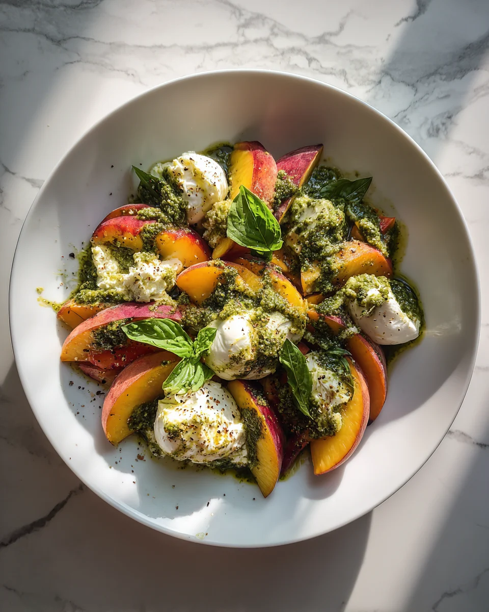 Roasted Peach Salad With Burrata And Pesto
