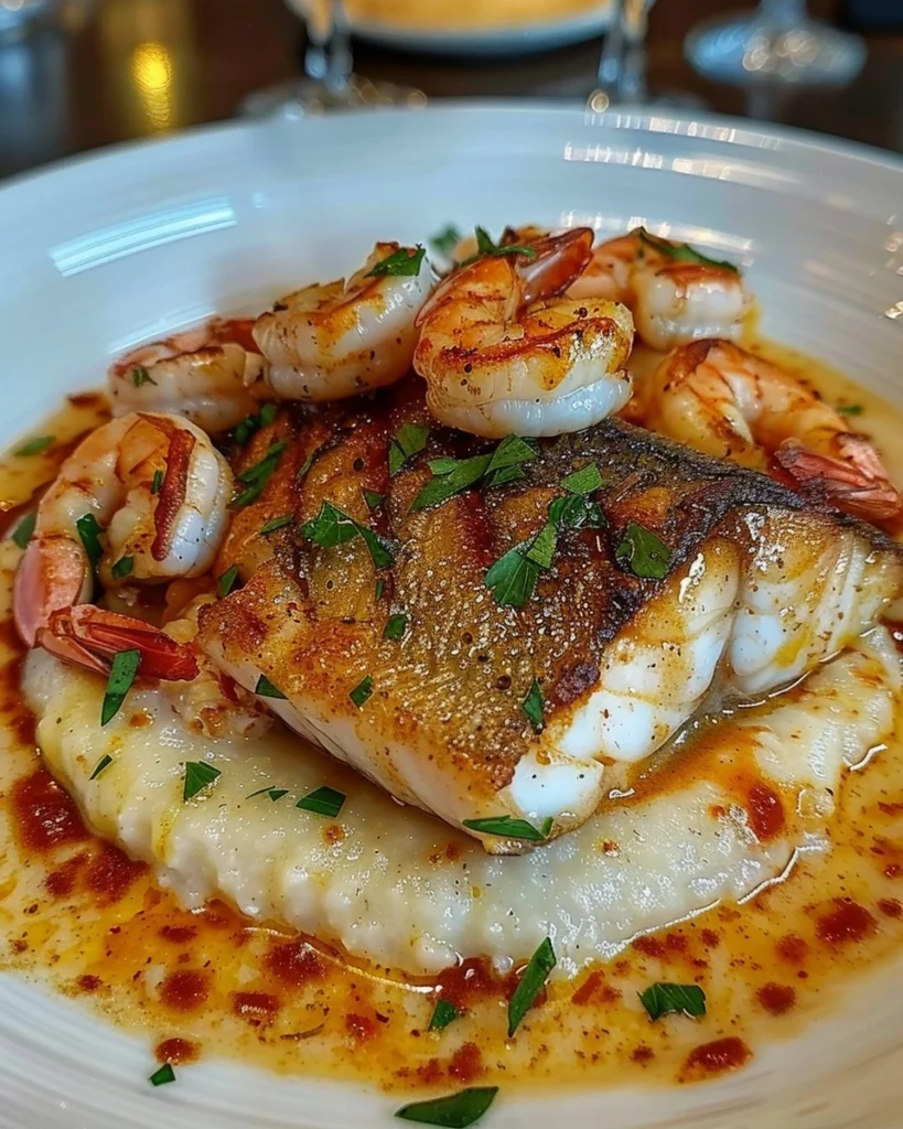 Red Snapper, Shrimp & Grits with Cajun Cream Sauce