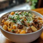 Creamy Beef and Shells in a bowl with parsley garnish