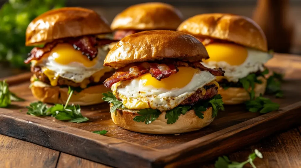 Golden breakfast sliders with melted cheese, bacon, and eggs on a wooden platter.