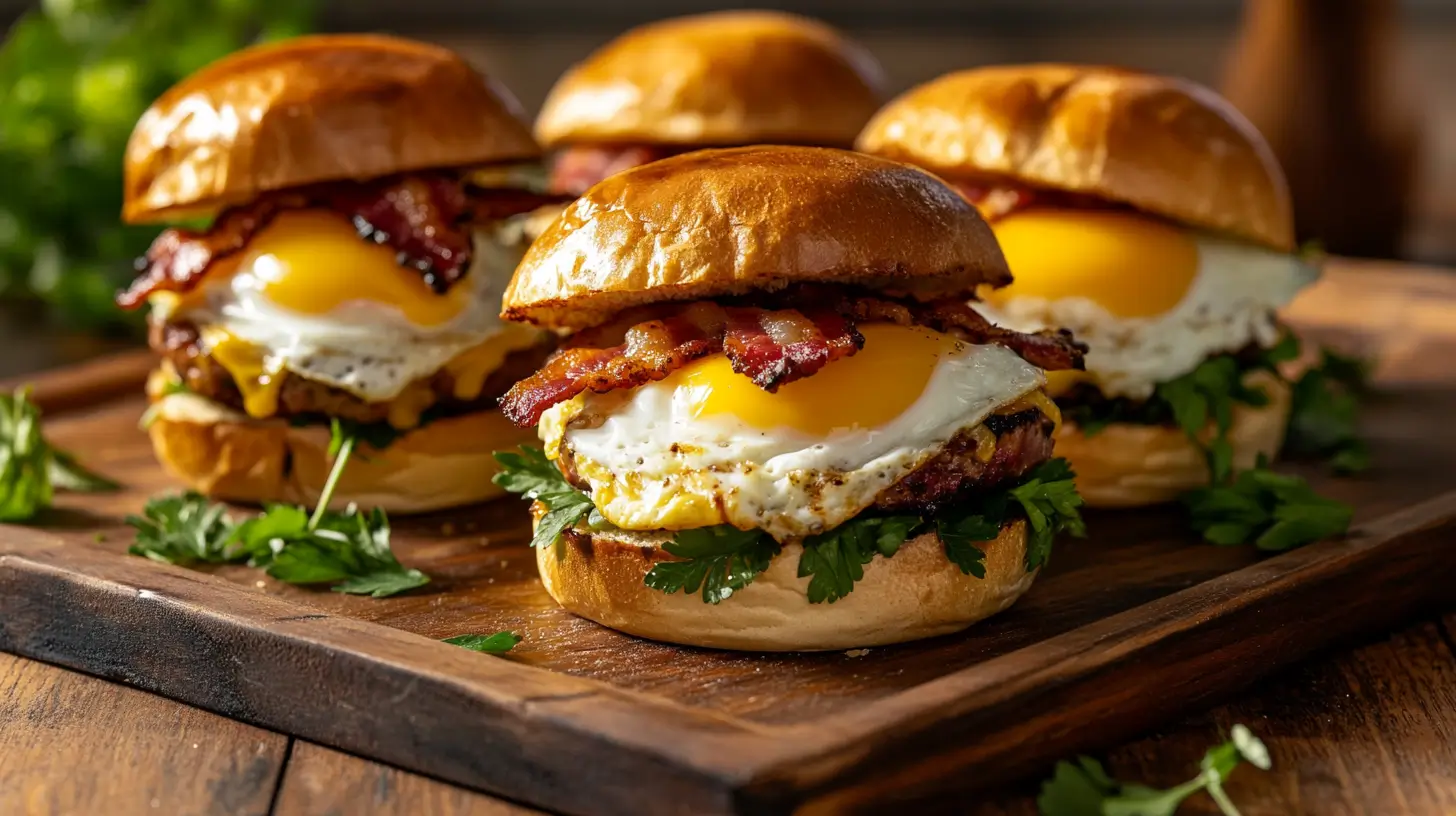 Golden breakfast sliders with melted cheese, bacon, and eggs on a wooden platter.