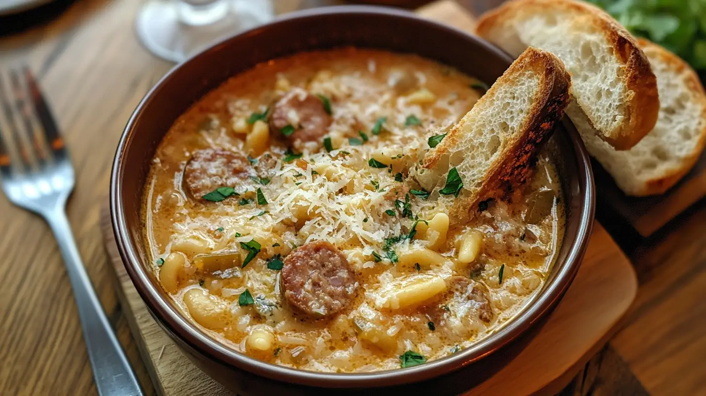 Creamy Parmesan Italian Sausage Ditalini Soup in a rustic bowl with fresh herbs and Parmesan on top