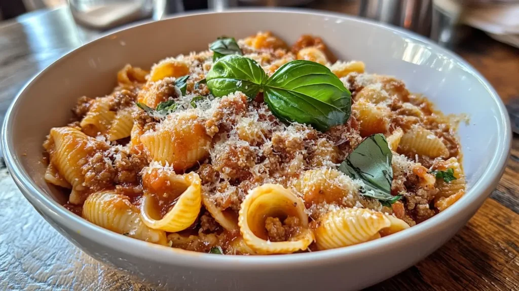 A bowl of shell pasta with ground turkey, garnished with fresh basil and Parmesan cheese