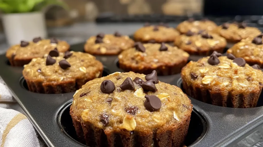 Close-up of muffins with chocolate chips in a baking tray