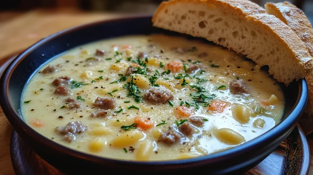 Bowl of creamy ditalini soup with sausage and bread on a wooden tabl