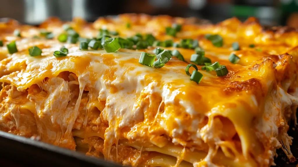 Close-up of Buffalo Chicken Lasagna layers being assembled in a baking dish