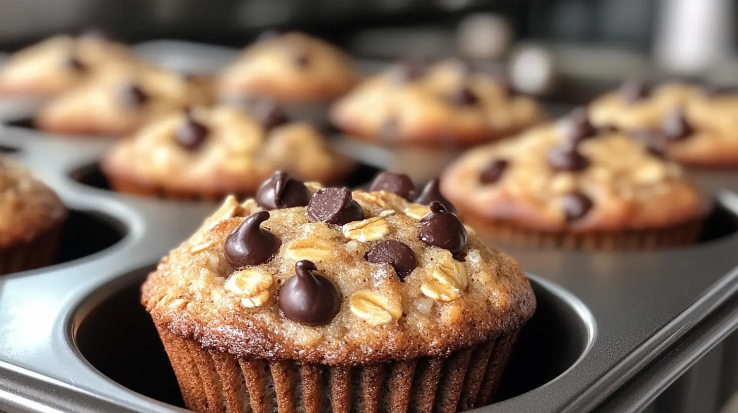 Chocolate chip Greek yogurt banana oatmeal muffin close-up