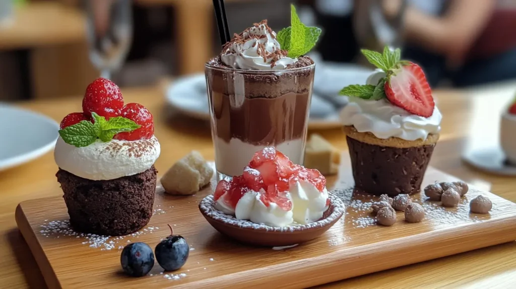 Delicious selection of easy desserts including mousse, cheesecake cups, and chocolate mug cake