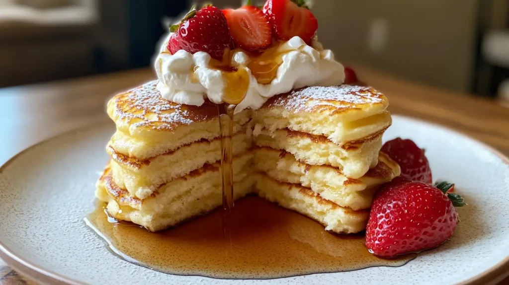 Fluffy Japanese Soufflé Pancakes with Whipped Cream and Berries