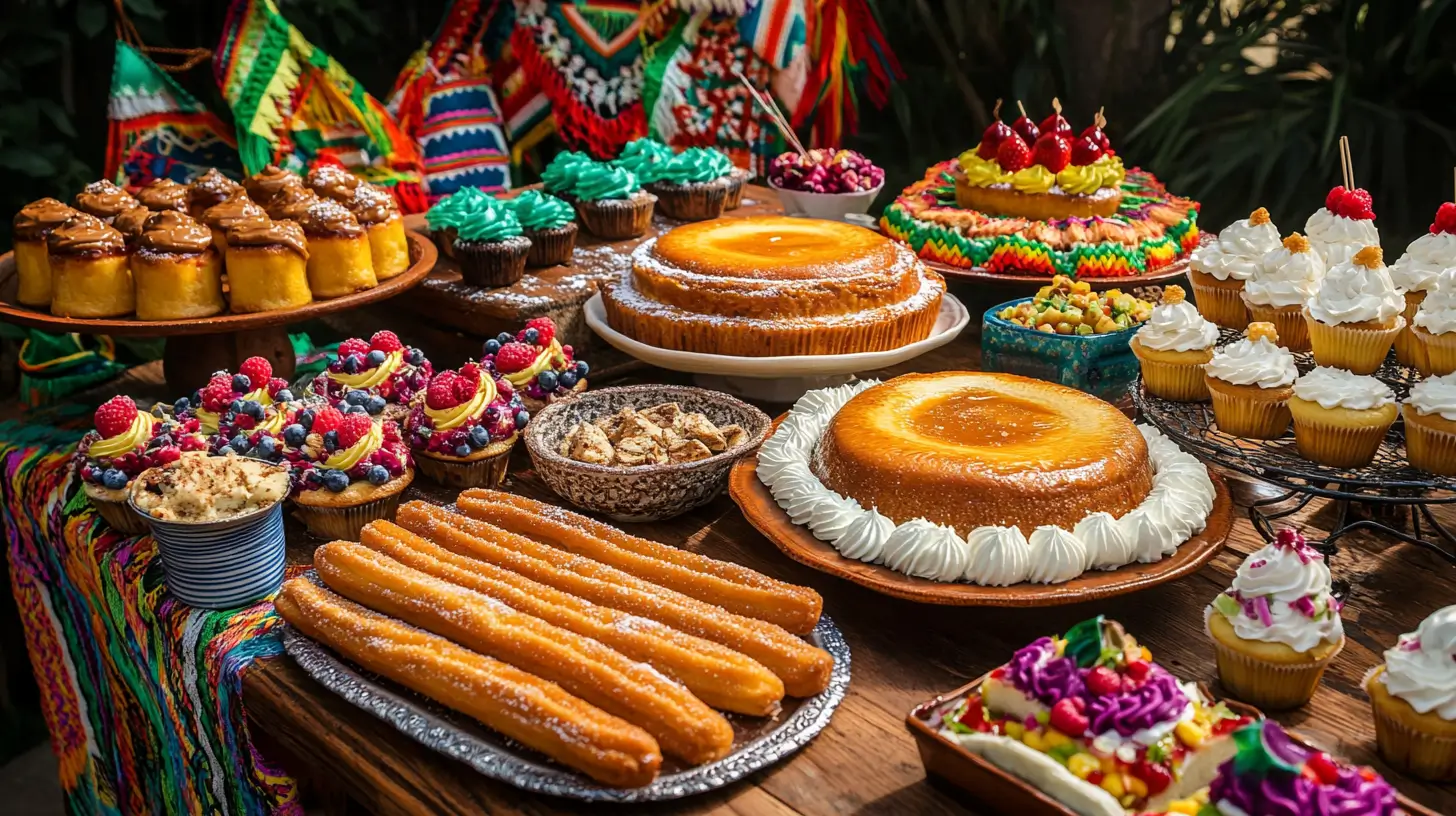 Festive Cinco de Mayo Dessert Table with Churros, Flan, and Tres Leches Cake