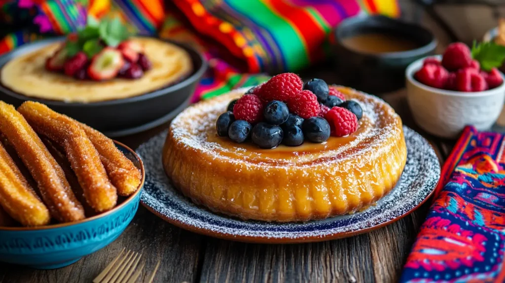 Mexican Desserts Display with Churros, Flan, and Tres Leches Cake