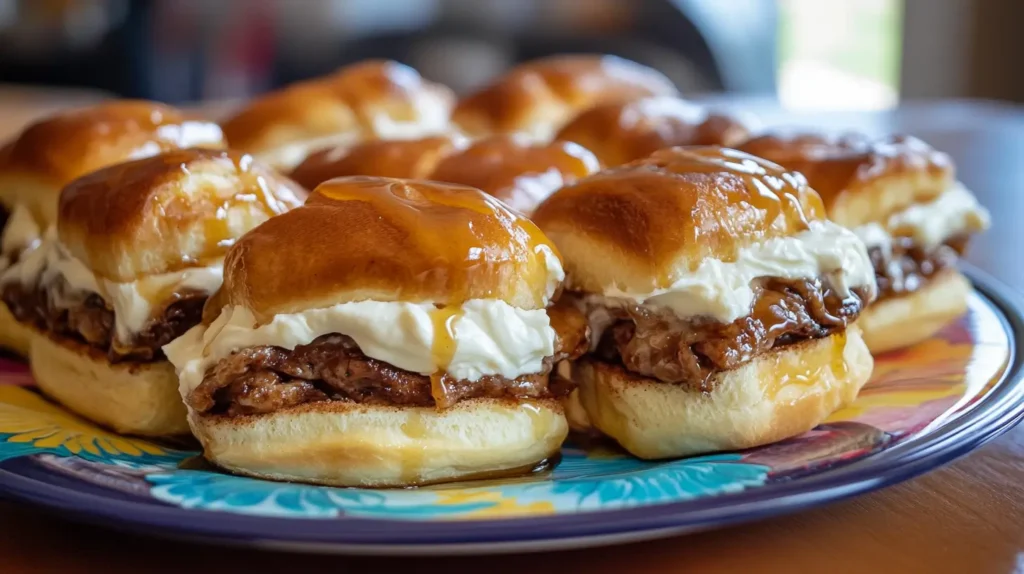 Sweet breakfast sliders made with cinnamon buns, cream cheese frosting, and maple syrup drizzle.