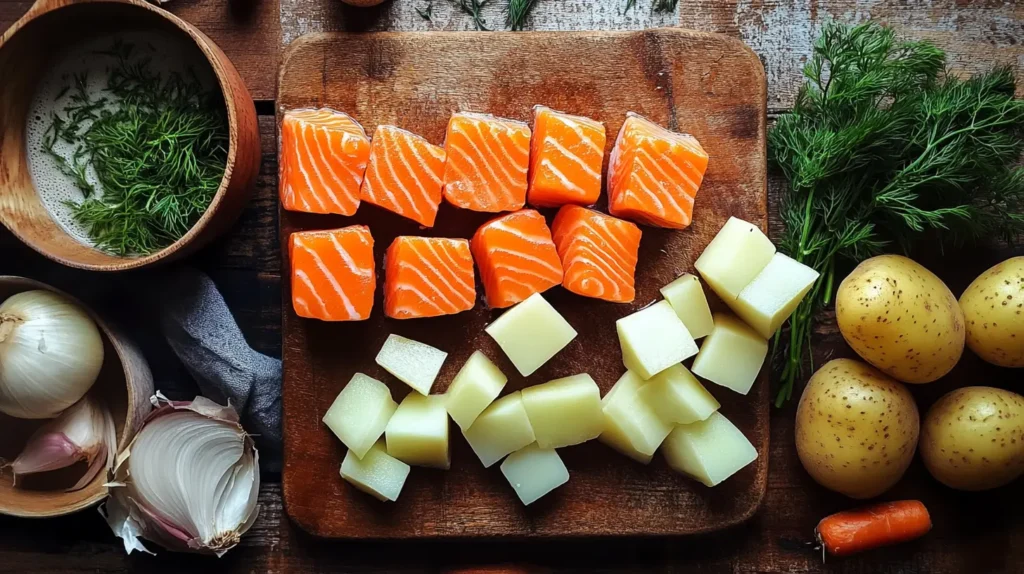 Ingredients for salmon soup on a wooden table, including fresh salmon cubes, chopped vegetables, spices, and a pot of broth.

