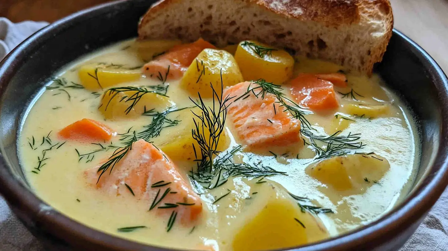 A steaming bowl of creamy salmon soup garnished with fresh dill, served with a side of crusty bread.