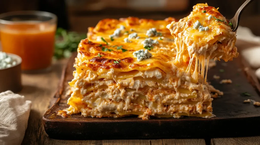 A delicious Buffalo Chicken Lasagna fresh out of the oven, topped with golden melted cheese and garnished with green onions.