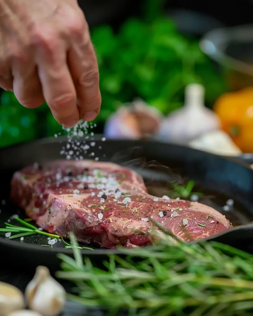 A chef seasoning a raw steak with salt and pepper, preparing it for tarragon sauce.
