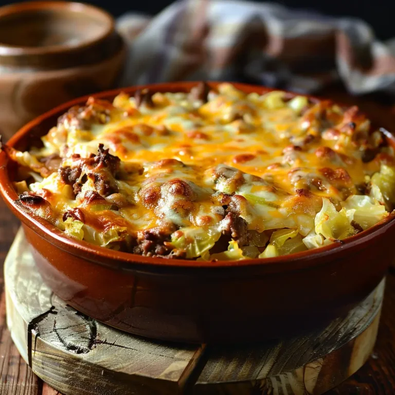 Hearty cabbage beef bake with melted cheese in a rustic casserole dish