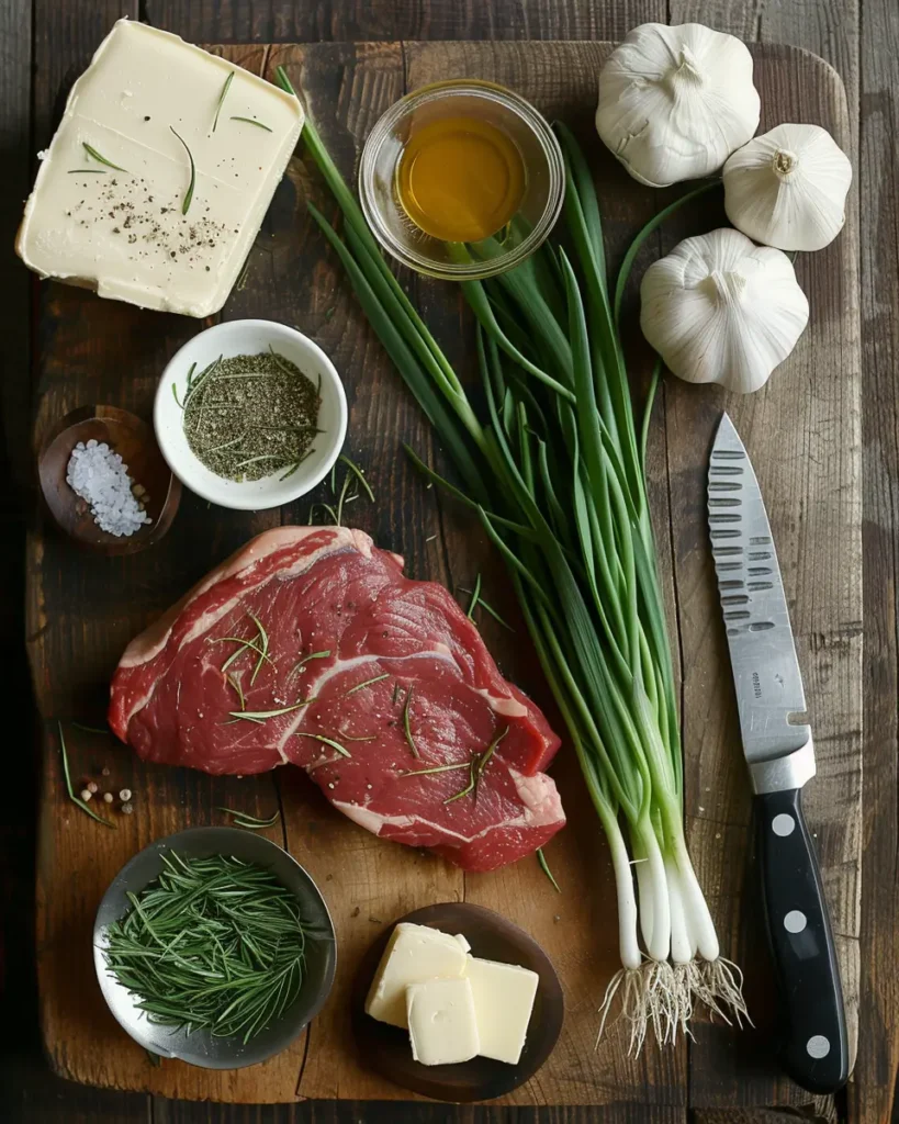A flat lay of ingredients for steak with tarragon sauce, including steak, fresh tarragon, shallots, and heavy cream.