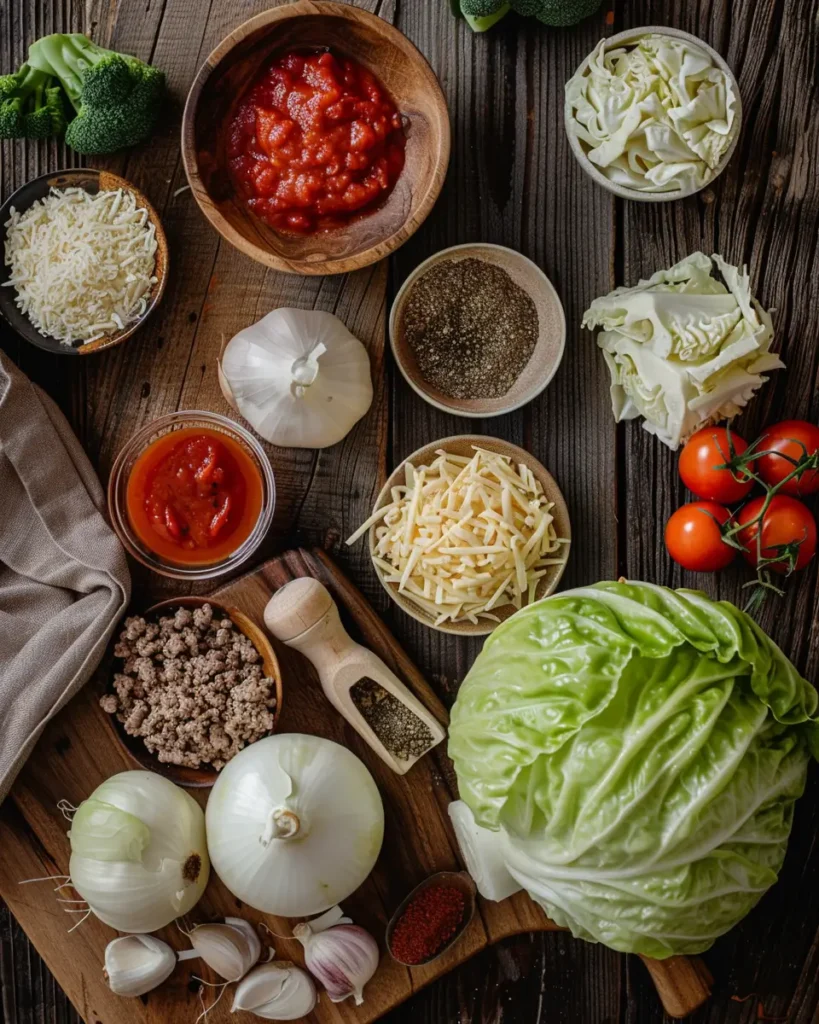 Fresh ingredients for cabbage beef bake arranged on a wooden countertop