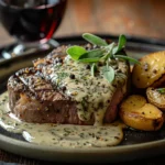 A gourmet steak with tarragon sauce, garnished with fresh tarragon leaves on a rustic wooden table.