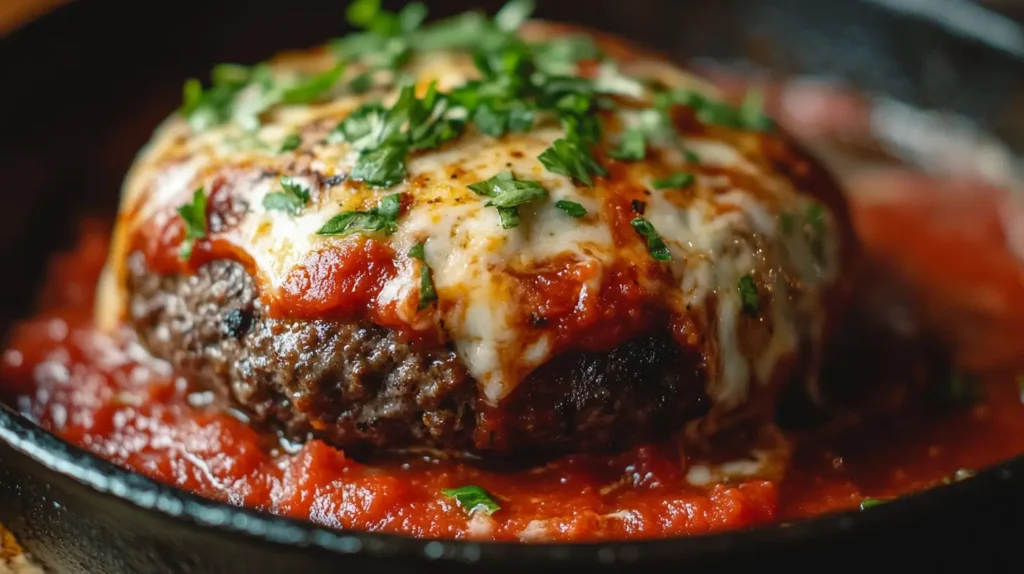 A sizzling beef patty topped with melted mozzarella and marinara sauce, ready to be stacked into a Pizza Burger.