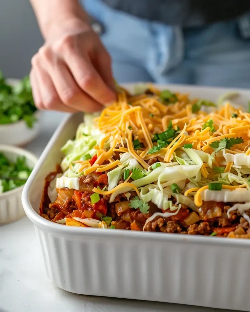 Layering cabbage, beef mixture, and cheese in a baking dish