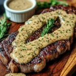 A gourmet steak with tarragon sauce, garnished with fresh tarragon leaves on a rustic wooden table.
