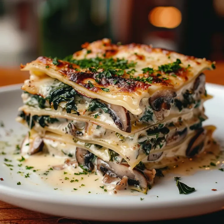 Close-up of spinach and mushroom white lasagna with creamy layers and golden cheese