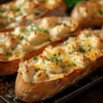 Crab Alfredo-stuffed garlic bread boats fresh from the oven with golden cheese