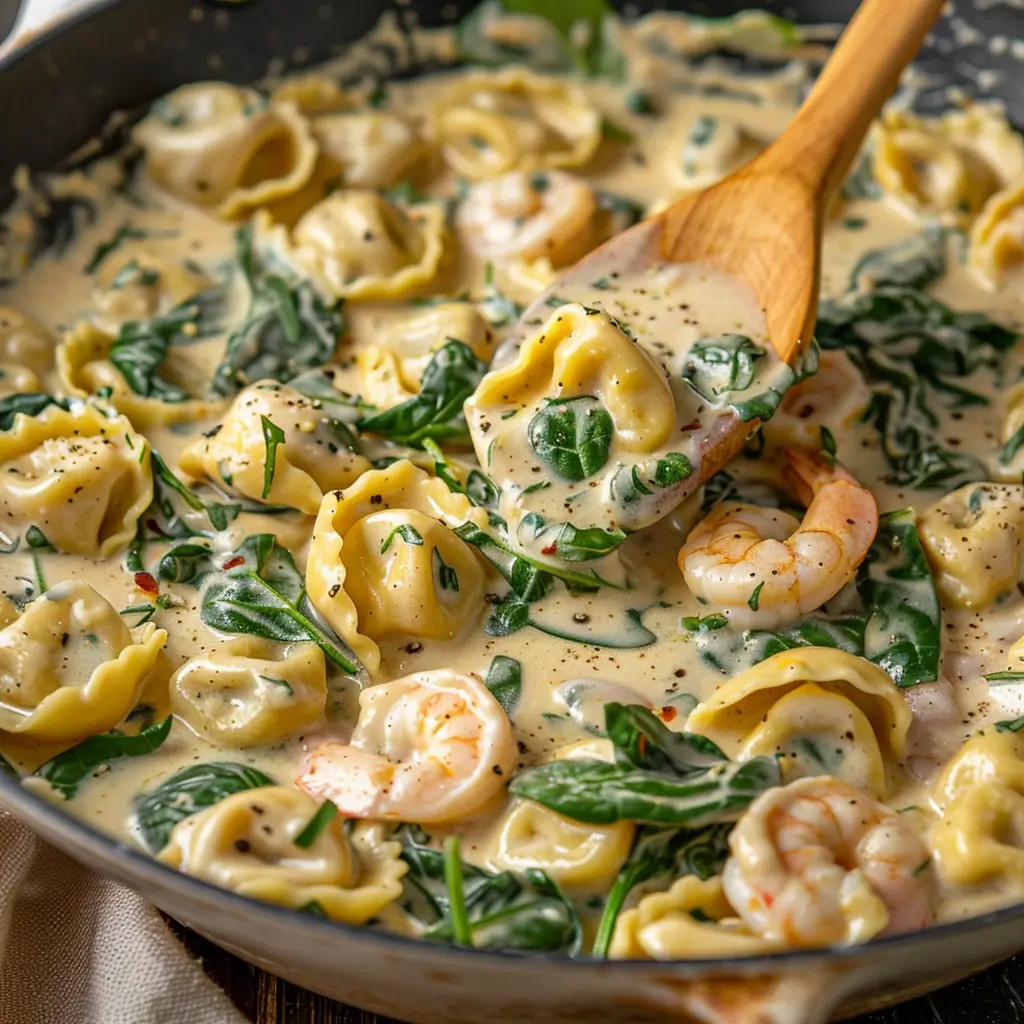 Tortellini, spinach, and shrimp combined in creamy sauce in a skillet