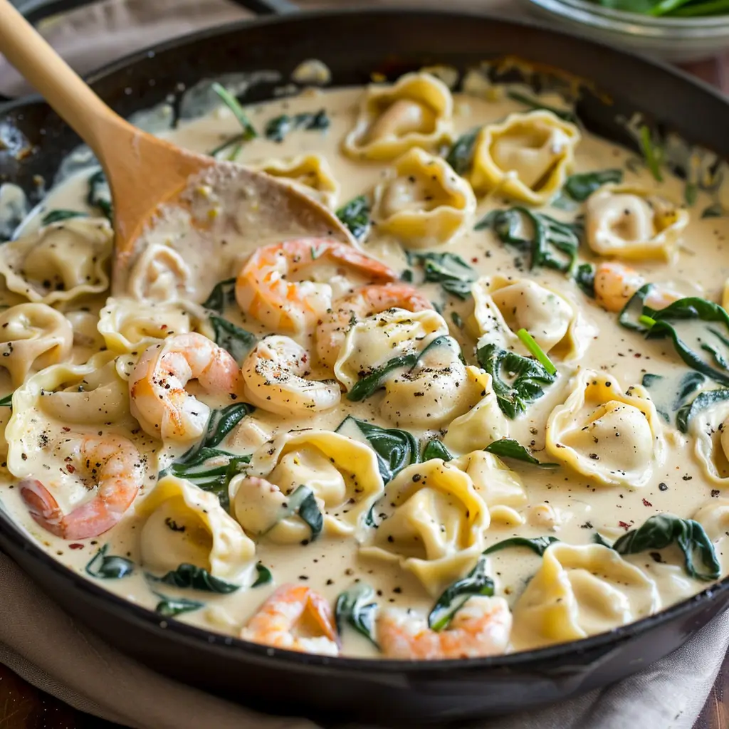 Tortellini, spinach, and shrimp combined in creamy sauce in a skillet