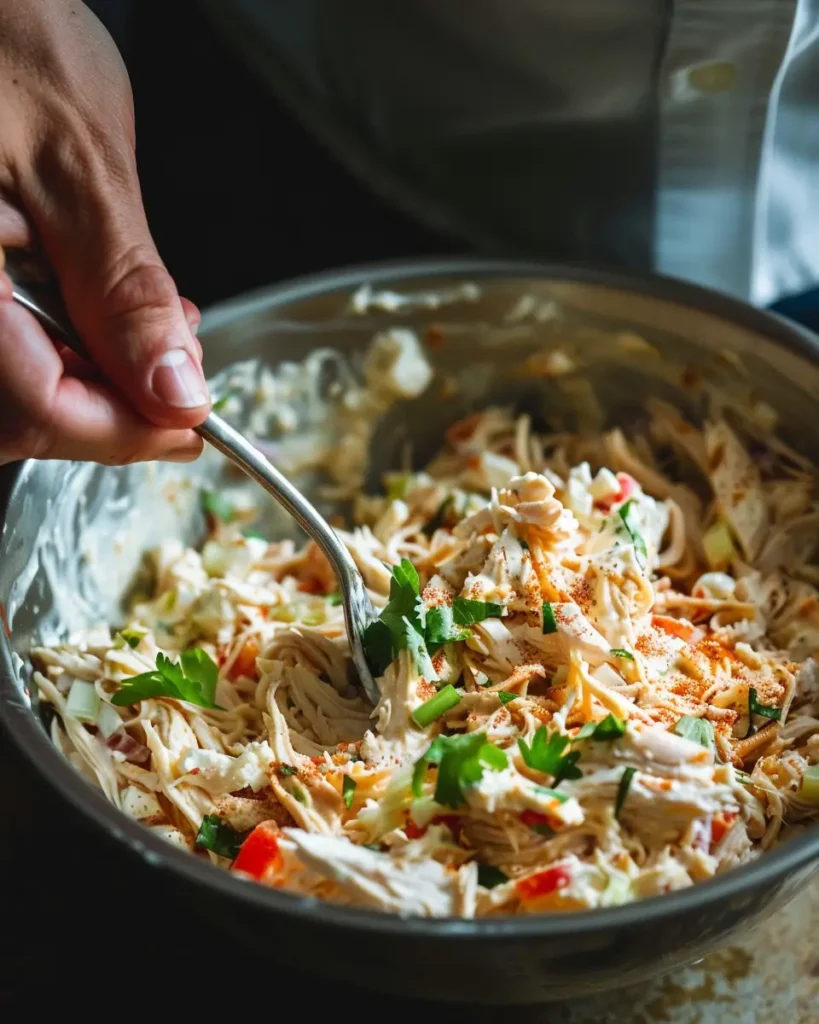 Mixing chicken, cheeses, and Cajun spices in a bowl for stuffed shells  
