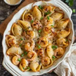 Overhead view of baked honey garlic shrimp pasta shells in a dish