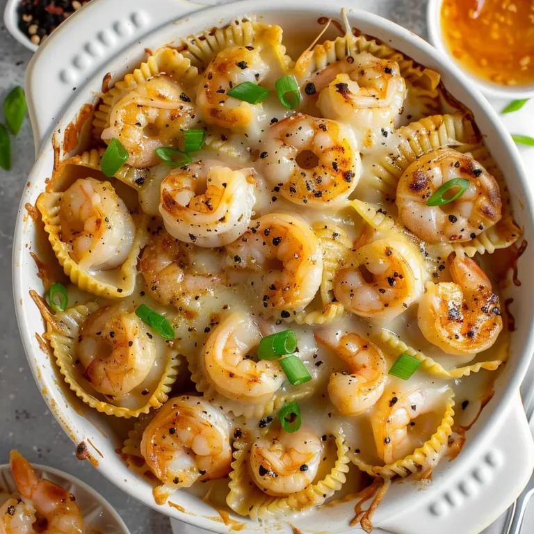 Overhead view of baked honey garlic shrimp pasta shells in a dish