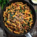 Overhead view of One-Pan Ground Beef and Spinach Pasta in skillet