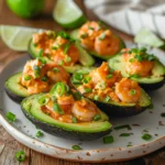 Close-up of spicy bang bang shrimp stuffed avocados on a white plate