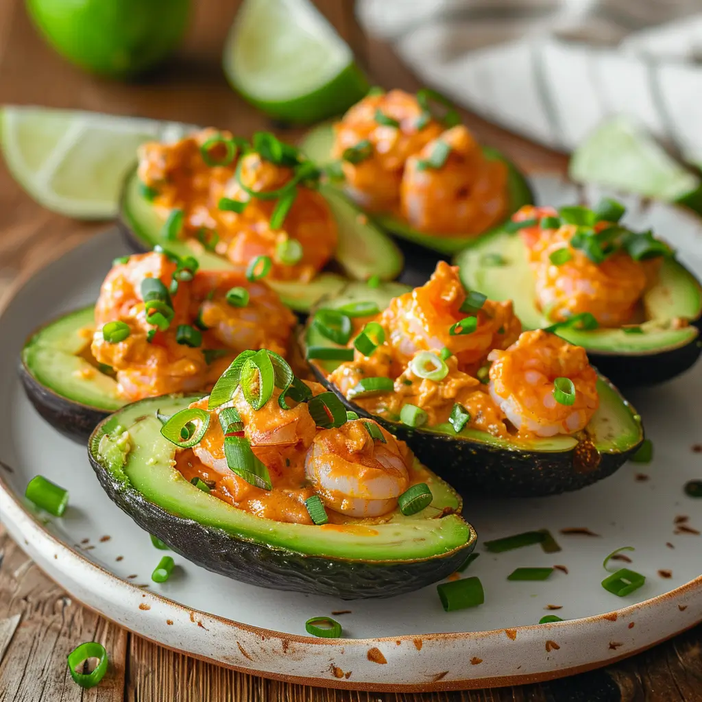 Close-up of spicy bang bang shrimp stuffed avocados on a white plate