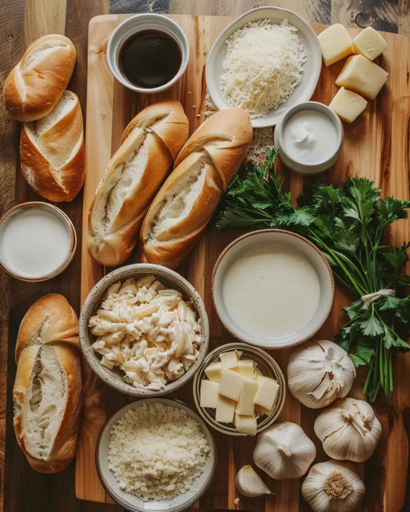  Flat lay of ingredients for Crab Alfredo-Stuffed Garlic Bread Boats