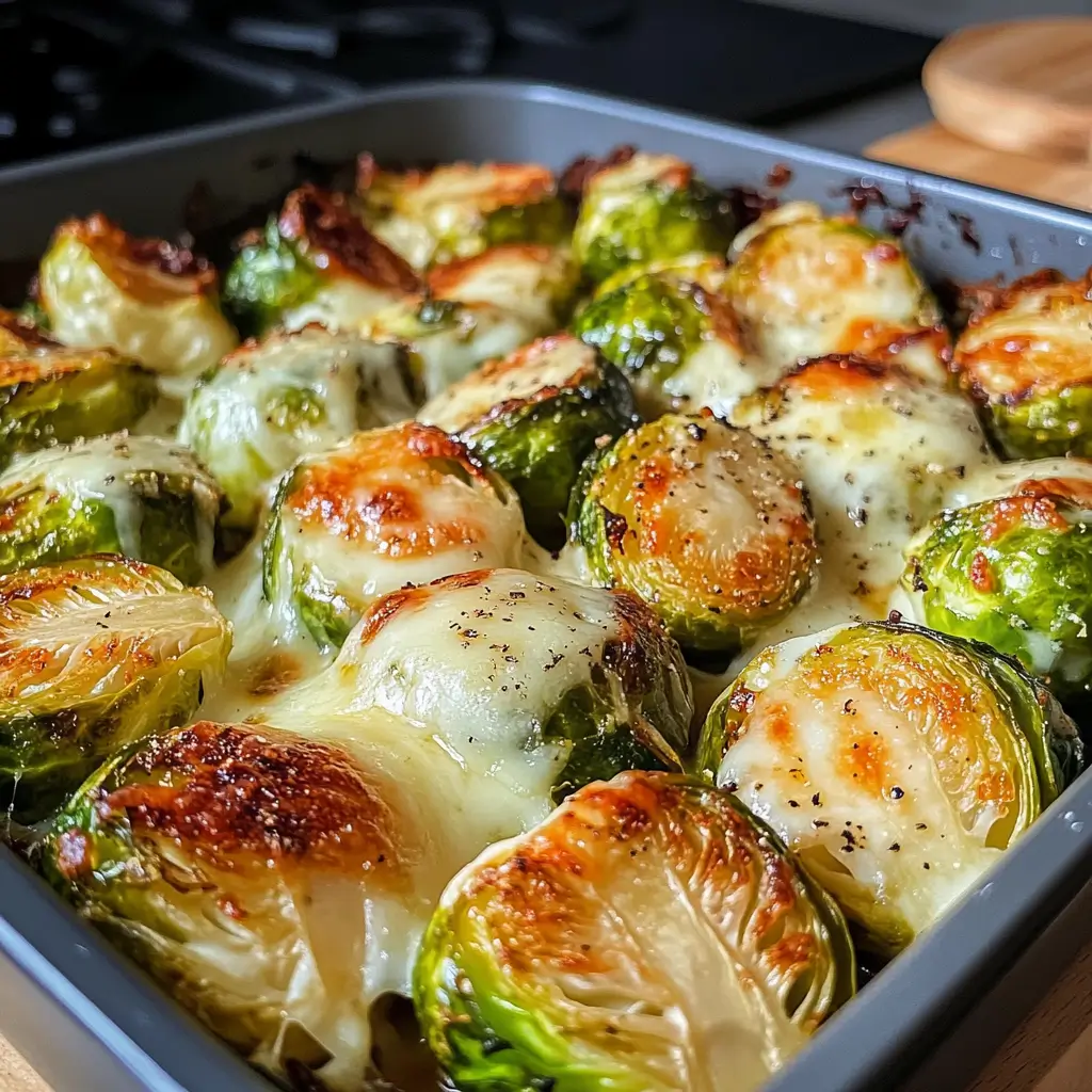 Crispy golden Parmesan Brussels Sprouts served on a white ceramic plate with garlic seasoning.