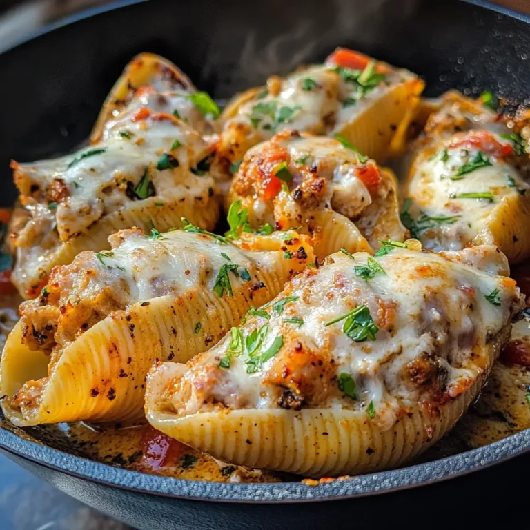 Creamy Cajun Chicken Stuffed Shells baked in a rustic dish