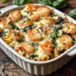 Creamy Tuscan Shrimp & Spinach Pasta Bake in a white dish with golden shrimp and melted chees