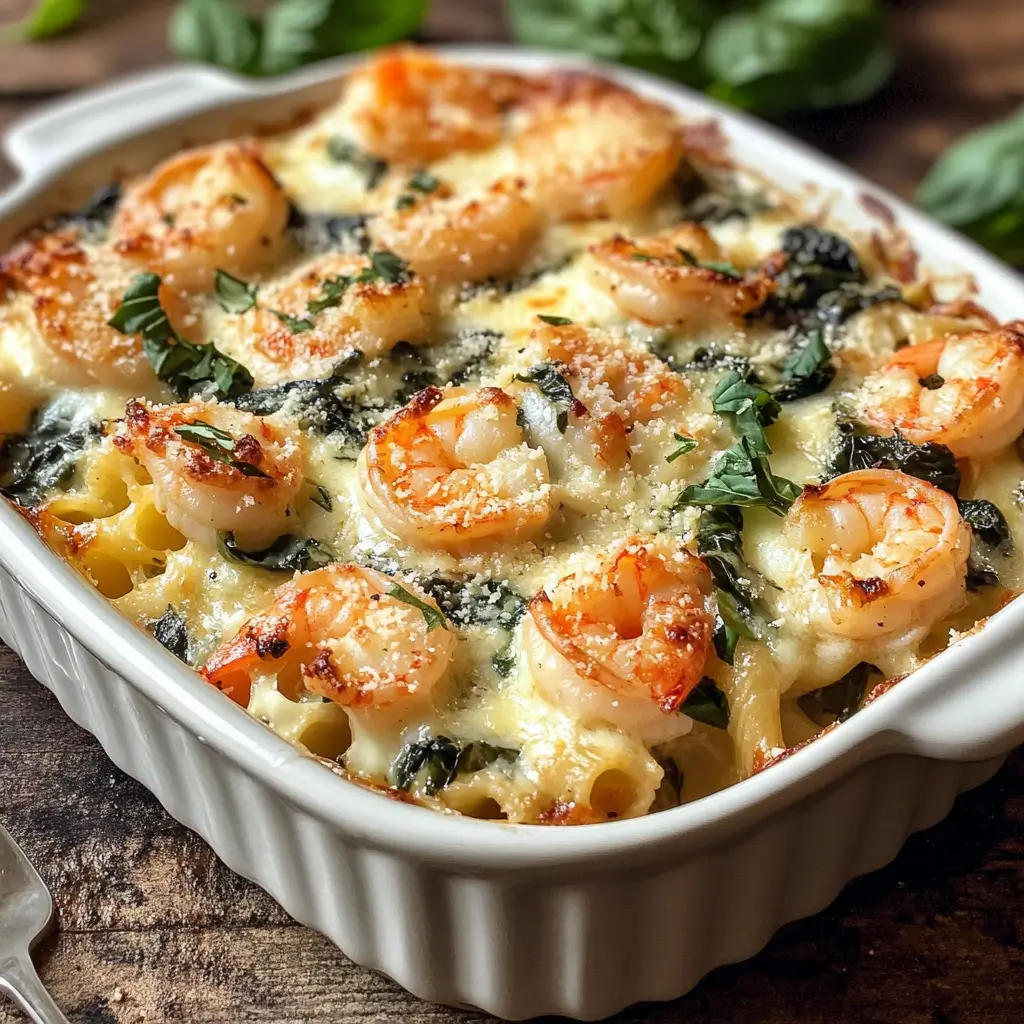 Creamy Tuscan Shrimp & Spinach Pasta Bake in a white dish with golden shrimp and melted chees