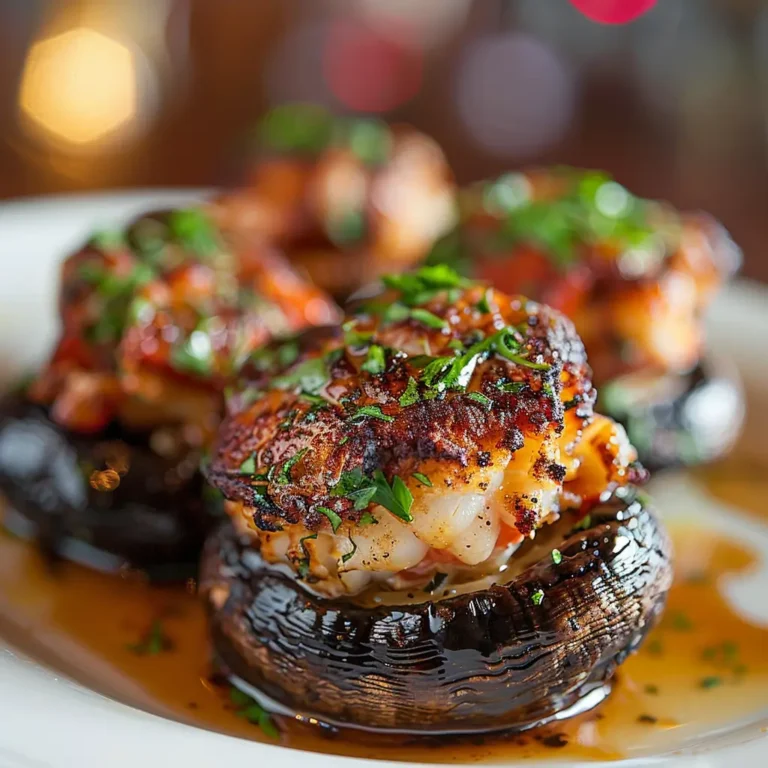 Close-up of golden Lobster-Stuffed Portobello Mushrooms with parsley on a white plate