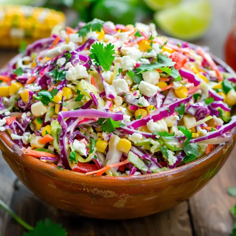 Bowl of Mexican street corn coleslaw with colorful veggies and cheese.
