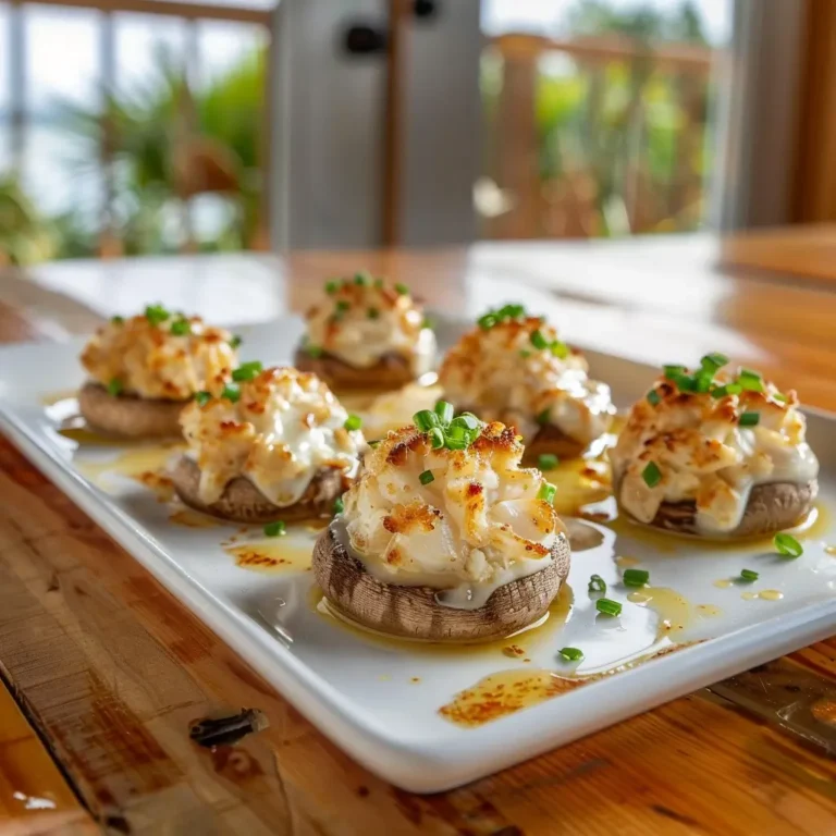 Creamy Garlic Crab-Stuffed Mushrooms on a white plate, garnished with green onions