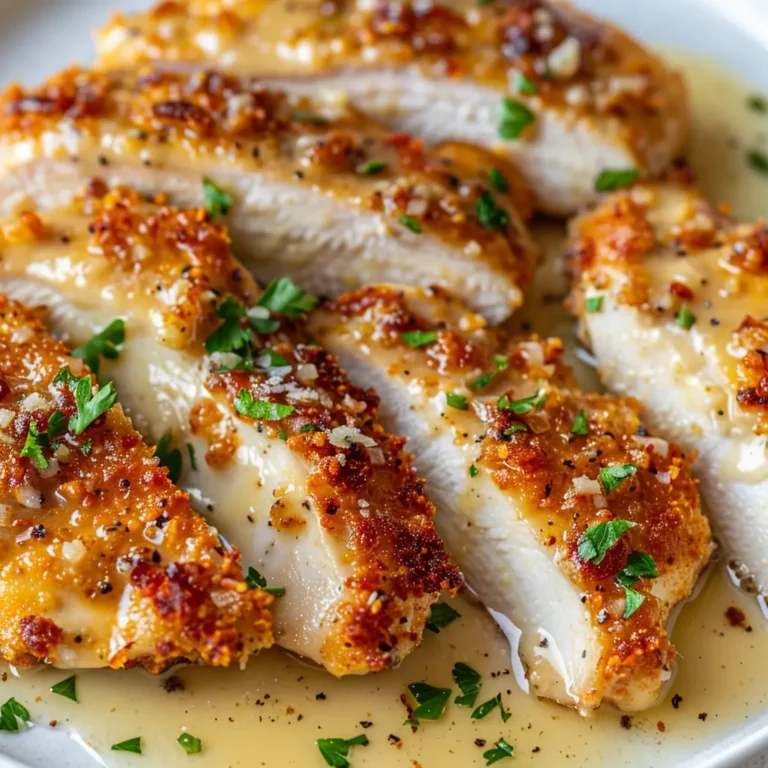 Close-up of juicy Garlic Parmesan Crusted Chicken slices on a white plate with golden crispy crust and fresh parsley.
