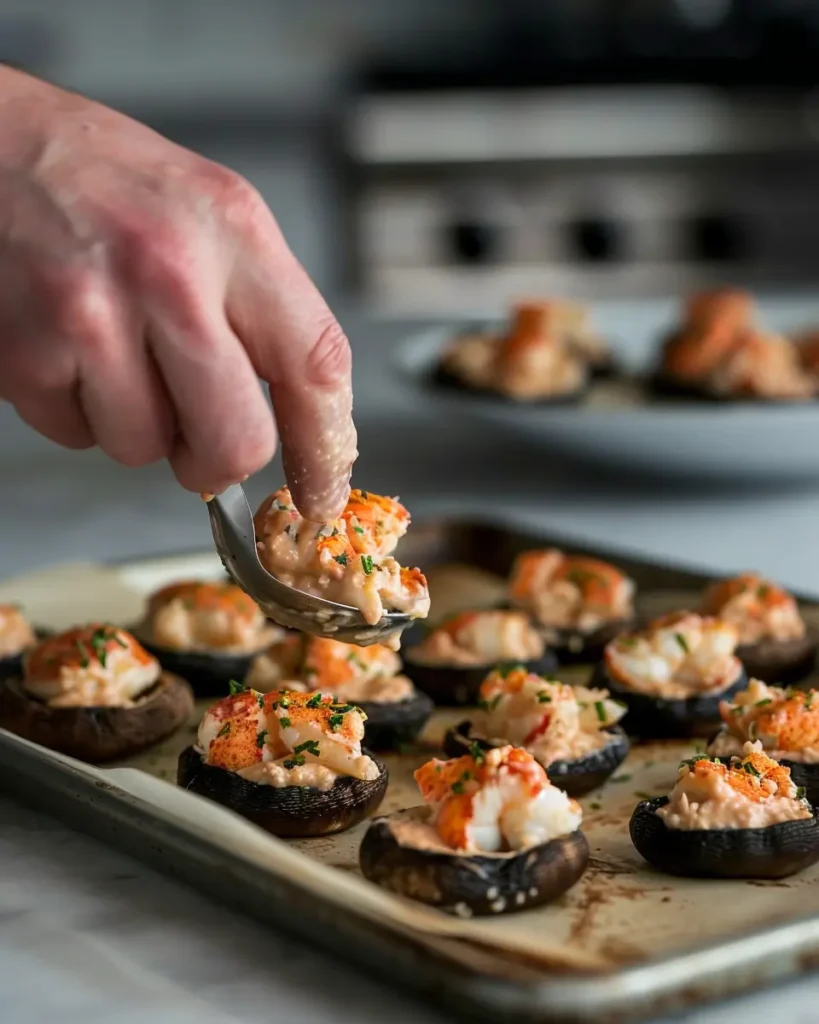 Stuffing Portobello mushrooms with creamy lobster mixture on tray
