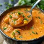Creamy bisque being ladled into a bowl with shrimp and corn