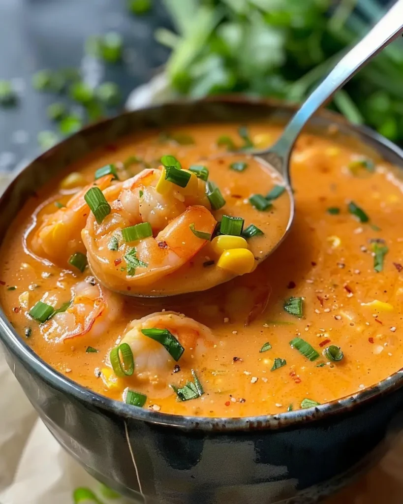 Creamy bisque being ladled into a bowl with shrimp and corn  